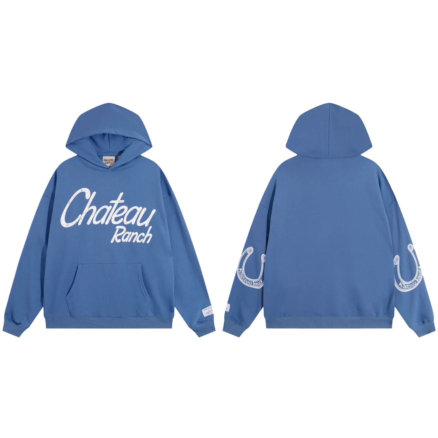802#Gallery Dept New Slogan Horseshoe Design Printed Hoodie American High Street Hooded Sweatshirt Light Gray Blue S~XL P180